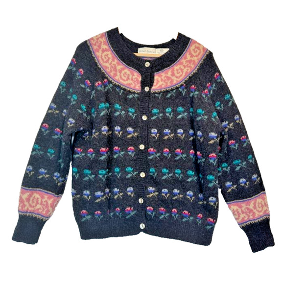 Vtg Robert Scott Ltd 100% Wool Cardigan Sweater Floral Women Sz 36 MED Button Up - Picture 1 of 13